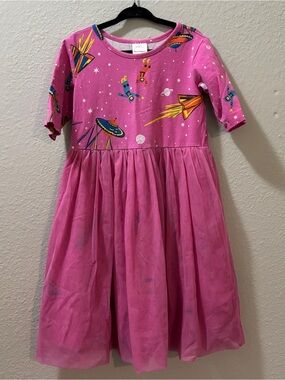 Hanna Andersson Pink Space Tulle ¾ Sleeve Dress Girls Size 6-7 (120 cm) FLAWED